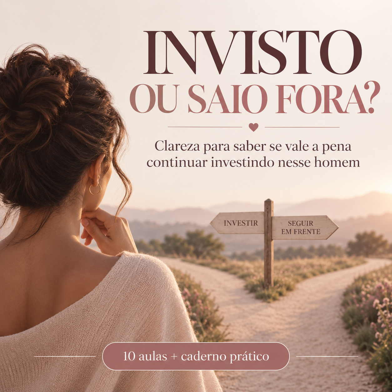 Mulher em uma encruzilhada olhando para as placas Investir e Seguir em Frente