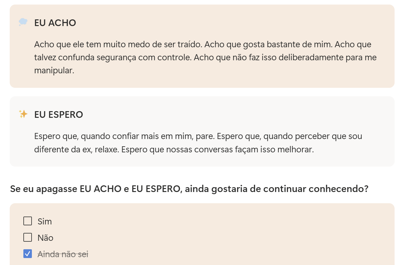 Exemplo preenchido separando o que a mulher acha e espera
