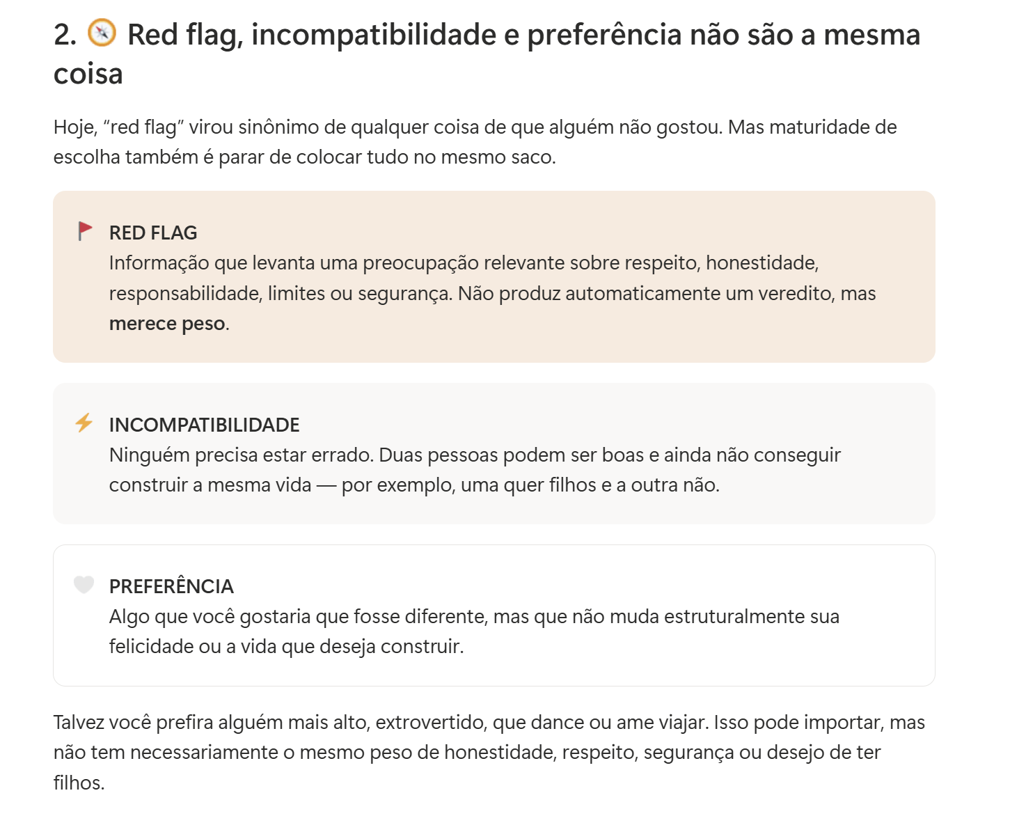 Página do produto explicando red flags, incompatibilidades e preferências