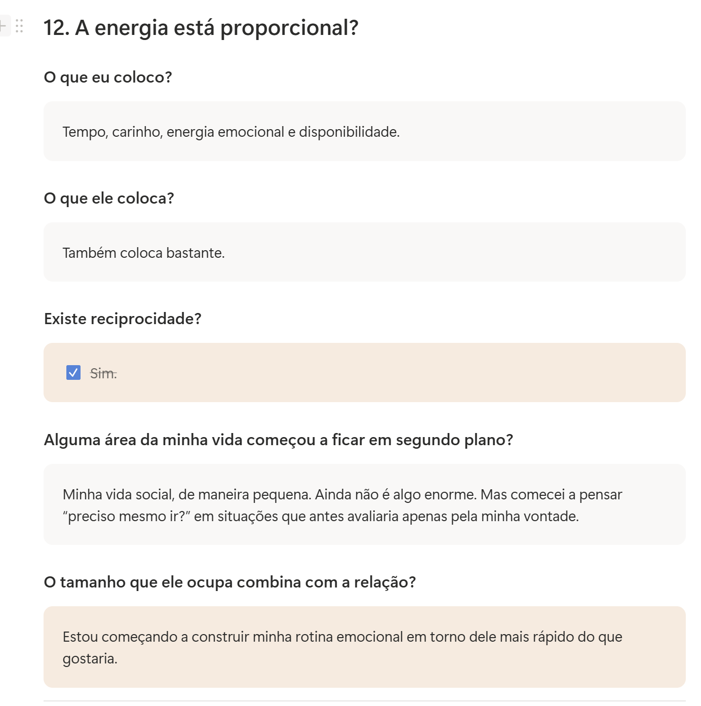 Exemplo preenchido avaliando reciprocidade e energia na relação